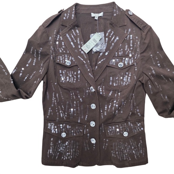 Cache Brown Sequins Embellished Military‎ Style Blazer Jacket Size 6 - Picture 4 of 9